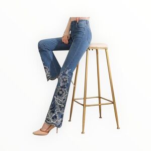 Ferzige Floral Embroidered Wide Leg Jeans Boho Statement Denim